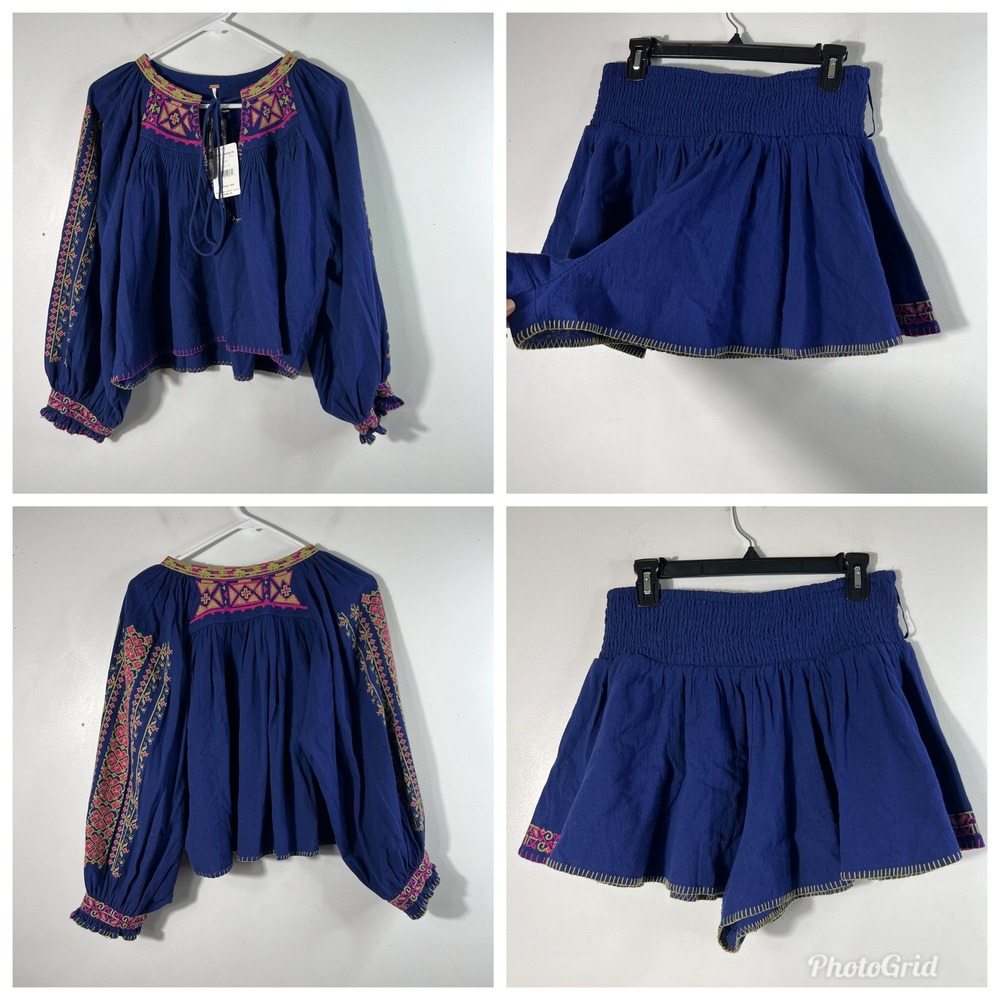 Free People Blue Embroidered 2 Piece Set Top Shorts Boho Festival XL OB789399